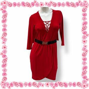 RIVER ISLAND - 3/4" Sleeve Faux Wrap Dress with Matching Elastic Belt - Size 10